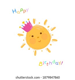 Happy Birthday card with cute cartoon sun illustration and multi colorful text.