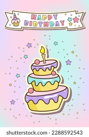 Happy birthday card with cute cartoon cake. Colorful design. Vector illustration