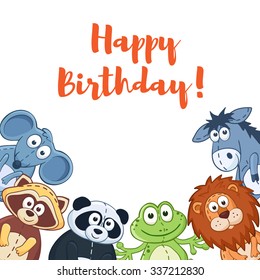 Happy birthday card with cute cartoon animals isolated on white background.  Vector illustration of adorable plush baby animals. 