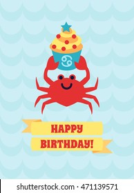 Happy birthday card with Cute cartoon flat cancer (crab) with cupcake, zodiac sign and congratulation message on blue wave textured background. 