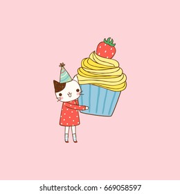 Happy birthday card. Cute cartoon cat girl holding big cupcake. Flat design. Vector illustration.