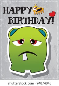 Happy birthday card with cute cartoon monsters, vector