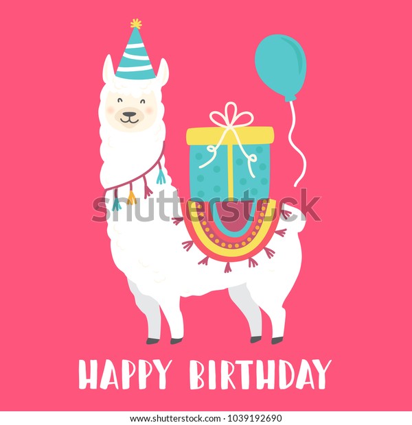 Happy Birthday Card Cute Cartoon Llama のベクター画像素材 ロイヤリティフリー