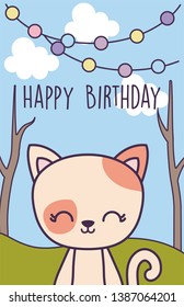 happy birthday card with cute cat in landscape