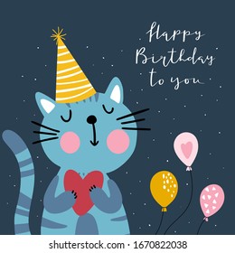 Feliz cumpleaños con un lindo gato en la ilustración del partido y frase de saludo escrita a mano. Ilustración vectorial.