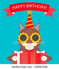 Happy Birthday card with cute cat in birthday hat and funny glasses with gifts in flat design style, vector illustration