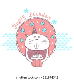 happy birthday card with cute cat and cupcake