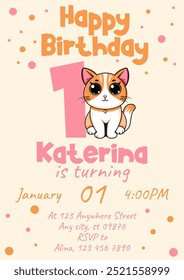 Happy birthday card with cute cat. Baby shower invitation. Vector illustration.