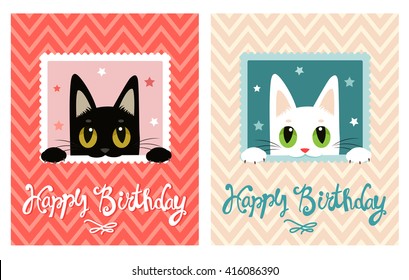 Happy Birthday Card With Cute Cat. Vector Greeting Card Set. Birthday Funny Cats.