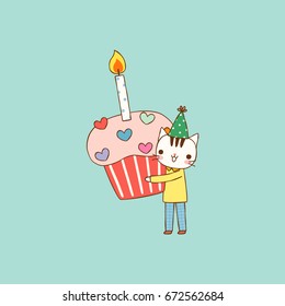 Happy birthday card. Cute cat boy holding big cupcake. Flat design. Vector illustration.