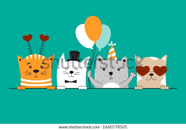 可愛い猫と誕生日カード 誕生日パーティーの招待カード バナー ポスター はがきのベクターイラスト のベクター画像素材 ロイヤリティフリー