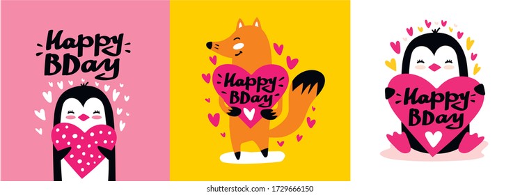 Happy birthday card with cute character penguin and fox with heart in paws. Vector element isolated on white.