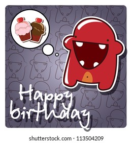 Happy birthday card with cute colorful monster, vector