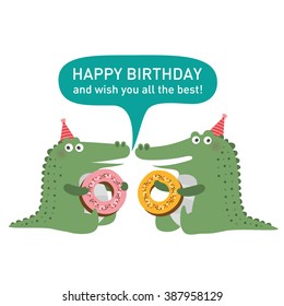 happy birthday card with cute crocodile. vector illustration