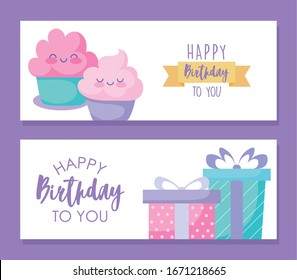 Happy birthday card with cute cupcakes and gifts boxes over purple background, vector illustration