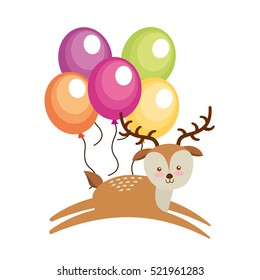 happy birthday card with cute deer with balloons. colorful design. vector illustration