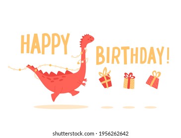 Happy Birthday card with cute dinosaur running after gifts. Kids greeting banner, print with hand drawn text and wild animal. Funny dragon with a garland around its neck. Vector illustration.
