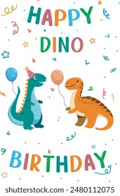 Happy Birthday card with cute dinosaur greeting card . birthday cake, child's birthday greetings