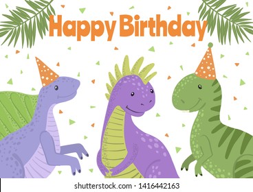 Happy Birthday card with cute dinosaurs. Vector illustrations