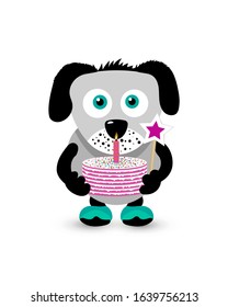 Happy Birthday card. Cute dog carrying cake with candle. Flat cartoon vector illustration isolated on white background.  