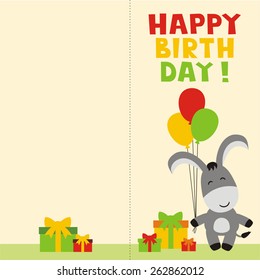 Happy birthday card, cute donkey with balloons