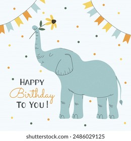  Happy Birthday card with a cute elephant. Vector illustration of an elephant holding a flower in cartoon style.