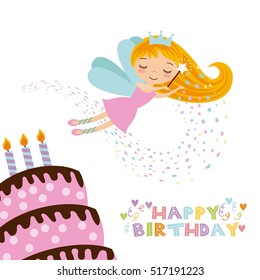 happy birthday card with cute fairy girl and cake with candles icon over white background. colorful design. vector illustration