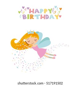 happy birthday card with cute fairy girl icon over white background. colorful design. vector illustration