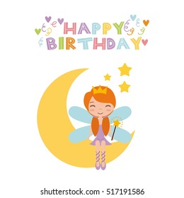 happy birthday card with cute fairy girl on the moon icon over white background. colorful design. vector illustration