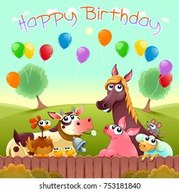 Happy Birthday card with cute farm animals in the countryside. Vector cartoon illustration