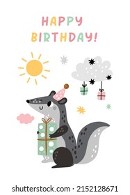 Happy birthday card. Cute forest animal with gift box