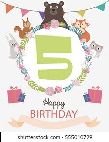 Happy birthday card with cute forest animals. Vector illustration