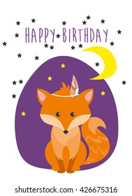 happy birthday card with cute fox. vector illustration