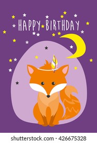 happy birthday card with cute fox. vector illustration