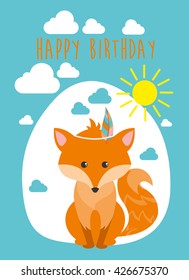 happy birthday card with cute fox. vector illustration