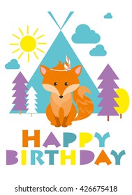 happy birthday card with cute fox. vector illustration