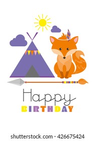 happy birthday card with cute fox. vector illustration