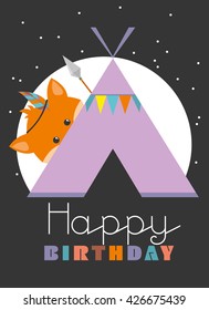 happy birthday card with cute fox. vector illustration