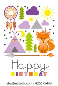 happy birthday card with cute fox. vector illustration