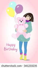 Happy Birthday card with cute girl, taddy bear and balloons