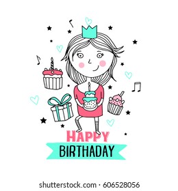 Happy Birthday Card Cute Girl Stock Vector (Royalty Free) 606528056 ...