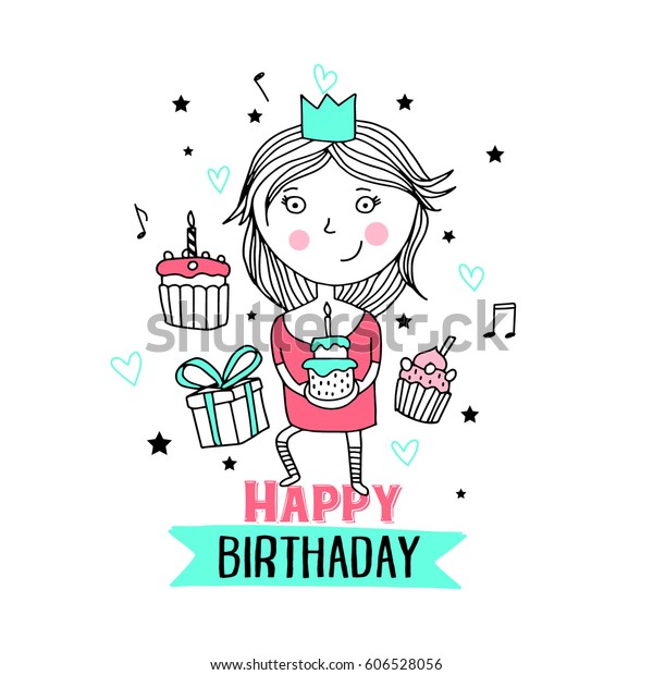 Happy Birthday Card Cute Girl Stock Vector (royalty Free) 606528056 