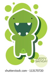 Happy birthday card with cute green monster, vector