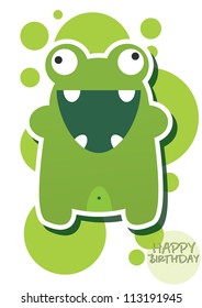 Happy birthday card with cute green monster, vector