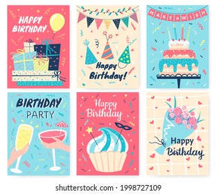 Happy birthday card. Cute birthday greeting cards with hand drawn elements cake, candles, balloons. Party invitation template vector set. Cupcake with cream, cocktails in glass, flower bunch