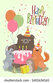 Happy birthday card with cute hand drawn animals. Birthday party. Vector illustration 