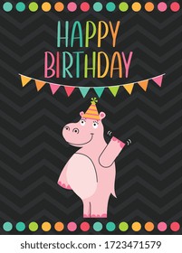 happy birthday card with cute hippo and pennants over dark background and colors frame. vector illustration
