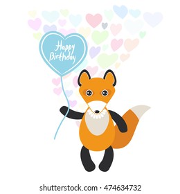 Happy birthday Card cute kawaii fox with balloon in the shape of heart, pastel colors on white background. Card design. Vector
