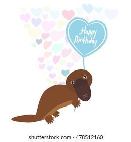 Happy birthday Card cute kawaii platypus with balloon in the shape of heart, pastel colors on white background. Card design. Vector