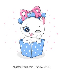 Happy birthday card, cute kitten in the present box. Cartoon drawing vector